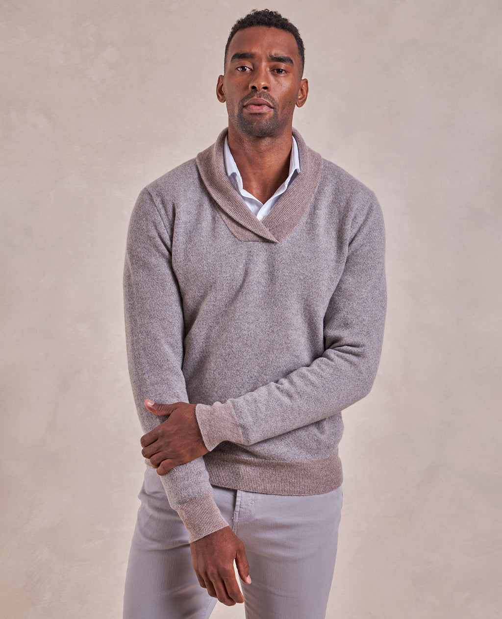 The Kent - Shawl Collar Cashmere Herringbone Sweater - Taupe/Grey